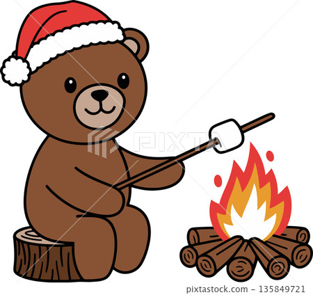 Santa Hat Bear Roasting Marshmallow Cartoon Illustration Santa Hat Bear Roasting Marshmallow Cartoon Illustration 135849721