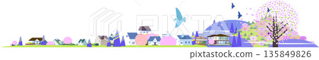 春季城市景觀全景向量插圖，櫻花盛開，住宅區環繞。 135849826