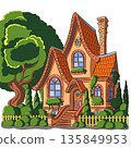 Colorful fairytale house with trees and garden 135849953