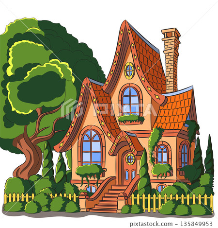 Colorful fairytale house with trees and garden Colorful fairytale house with trees and garden 135849953