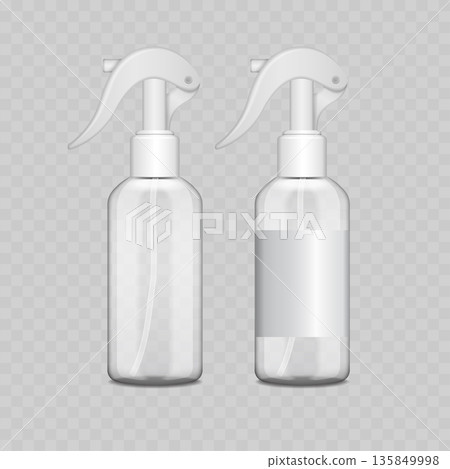 Realistic Transparent Plastic Spray Bottle Mockup with White Trigger. Vector Realistic Transparent Plastic Spray Bottle Mockup with White Trigger. Vector 135849998