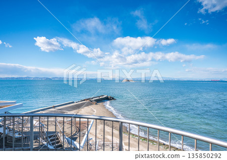 A view of Tokyo Bay and Mt. Fuji from the observation tower at Cape Futtsu. 135850292