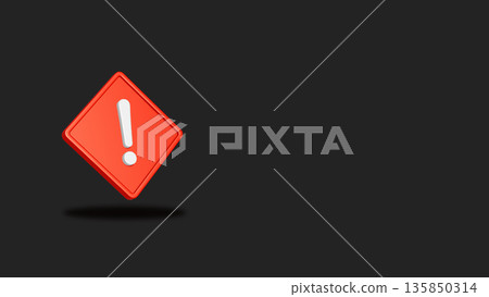A 3DCG illustration of a red diamond-shaped exclamation mark icon floating on the left edge of a black background 135850314