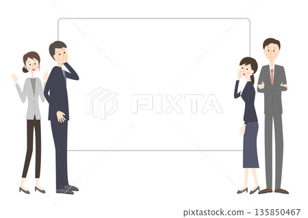 Men and women in suits who look anxious looking at a large white board 135850467