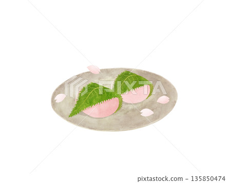 Kansai-style Sakuramochi (Domyoji) on ochre ceramics, falling cherry blossom petals, Japanese sweets, watercolor illustration Kansai-style Sakuramochi (Domyoji) on ochre ceramics, falling cherry blossom petals, Japanese sweets, watercolor illustration 135850474