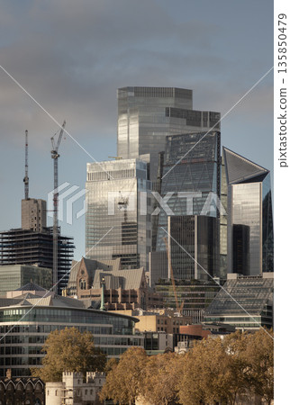 the Eastern Cluster of skyscrapers in the City of London. The scene beautifully captures a blend of architectural eras, where historic buildings in the foreground are juxtaposed against towering. 135850479