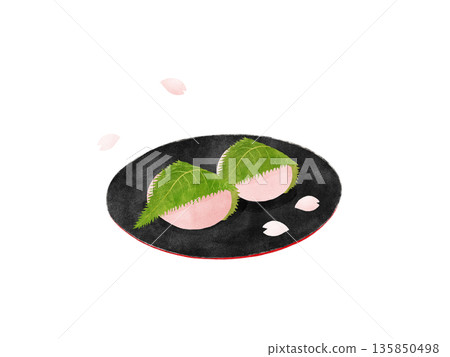 關西風味櫻餅(道明寺)置於黑色盤子上,櫻花花瓣飄落,精緻的日式點心,水彩插圖 關西風味櫻餅(道明寺)置於黑色盤子上,櫻花花瓣飄落,精緻的日式點心,水彩插圖 135850498