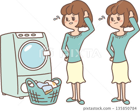 Illustration of a woman in trouble doing laundry 135850784