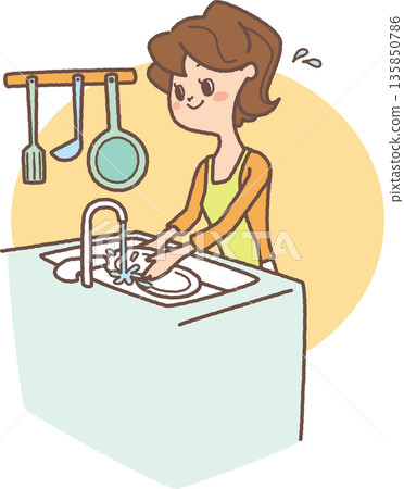 一幅描繪女性洗碗的插圖 135850786