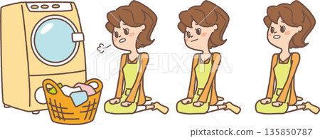 Illustration of a woman in trouble doing laundry Illustration of a woman in trouble doing laundry 135850787