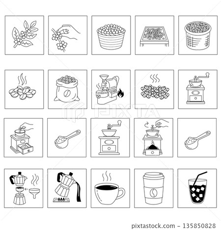 Coffee Production Process Line Icons Set: From Bean to Cup with Moka Pot Coffee Production Process Line Icons Set: From Bean to Cup with Moka Pot 135850828
