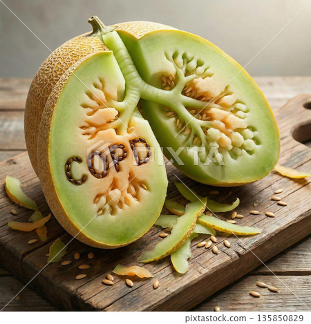 The melon is cut into the shape of a lung and has the word COPD written on it. The melon is cut into the shape of a lung and has the word COPD written on it. 135850829