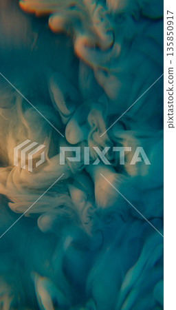 Haze splash. Ink texture mix. Blur blue color rainbow cloud glitter acrylic sparkling particles spreading on abstract art background. 135850917