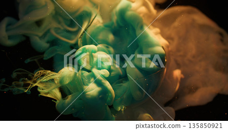 Paint haze. Cloud mix. Defocused blue pink color rainbow glitter splash broken glass swirl on abstract dark black underwater background. 135850921