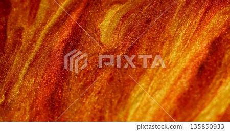 Glitter liquid blur. Bright paint mix. Yellow orange red sparkling lava flow. Colorful abstract fluid particles golden leak background. 135850933