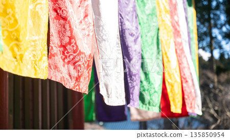 Temple decorations and prayers decorated with five-colored curtains Temple decorations and prayers decorated with five-colored curtains 135850954