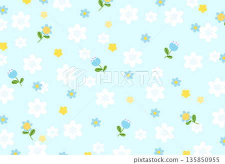 Tulip and various flower pattern on pastel blue background for spring, summer wallpaper, fabric print, floral pattern, textile, nature, garden, backdrop, garment, picnic blanket, duvet, phone case 135850955