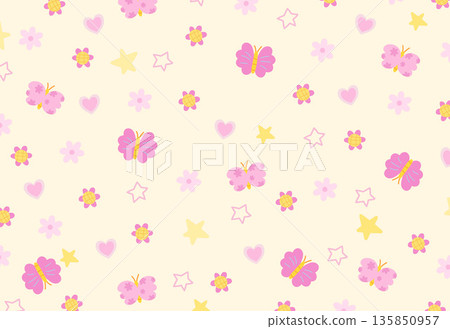 Various flower pattern, hearts, butterfly on pastel yellow background for spring and summer wallpaper, fabric, print, floral pattern, textile, nature, garden, backdrop, garment, picnic blanket, duvet 135850957