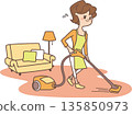 一位女士在房間裡用吸塵器打掃的插圖 135850973