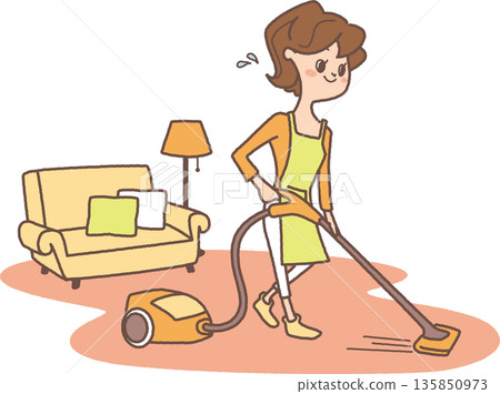 Illustration of a woman vacuuming in a room Illustration of a woman vacuuming in a room 135850973