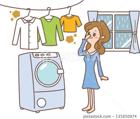 圖解:一位女士在室內洗衣服並晾曬衣物 圖解:一位女士在室內洗衣服並晾曬衣物 135850974