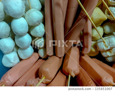Close Up Various Indonesian Street Food Skewers Sausages and Fish Balls Close Up Various Indonesian Street Food Skewers Sausages and Fish Balls 135851007