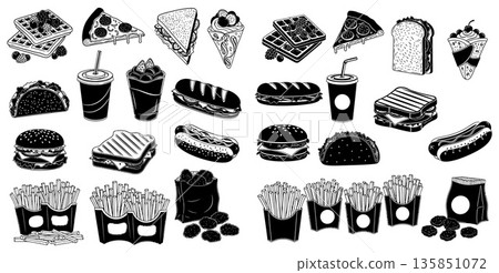 Collection of delicious fast food items including burgers hot dogs pizza sandwiches fries and 135851072
