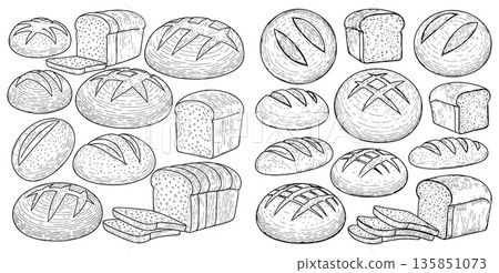 Collection of delicious freshly baked bread loaves and slices in a handdrawn sketch style 135851073