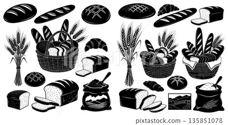 Collection of diverse baked goods including loaves croissants and wheat ears 135851078