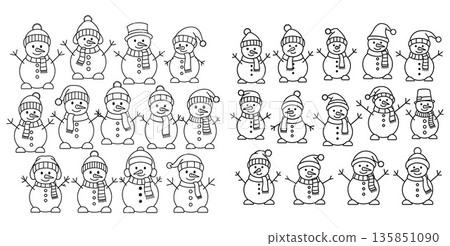 Collection of diverse cartoon snowmen wearing hats and scarves for winter fun 135851090