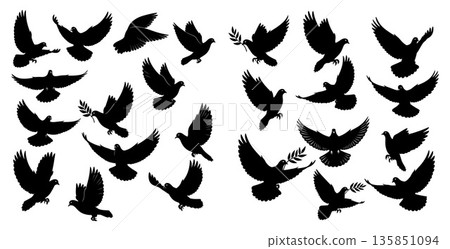 Collection of diverse dove silhouettes, some carrying olive branches, symbols of peace and hope 135851094