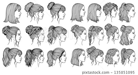 Collection of diverse female hairstyles illustrated in profile view 135851095