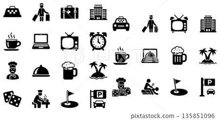 Collection of diverse flat icons representing travel hospitality leisure and services 135851096