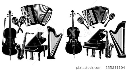 Collection of diverse musical instruments including cello piano saxophone harp accordion and maracas 135851104