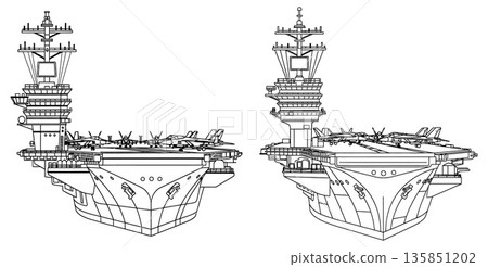 Aircraft carrier outline illustration, carrier deck with jets, two perspectives military transport vessel 135851202