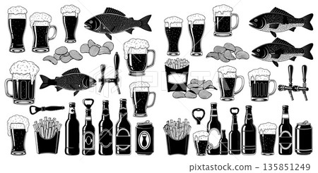 Assortment of Beer Glasses Bottles Fries Chips and Fish Illustrations 135851249