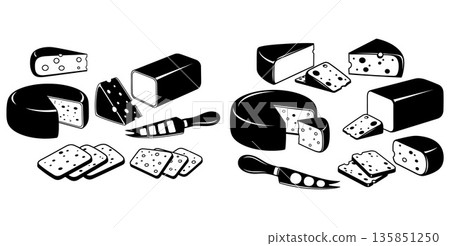 Assortment of black and white cheese illustrations with cheese knives and crackers 135851250
