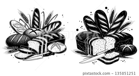 Assortment of Freshly Baked Bread Varieties with Wheat Stalks and Knife 135851251