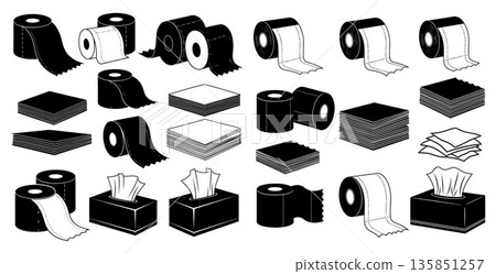 Assortment of toilet paper rolls and tissue boxes displayed in a illustration style 135851257