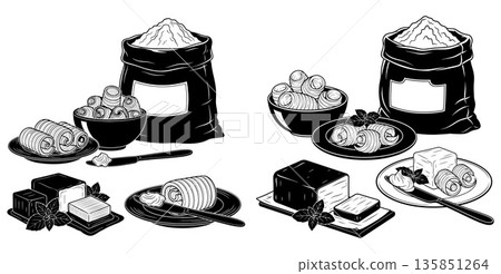 Bag of flour with butter curls, cubes, and basil on plates with butter knife Bag of flour with butter curls, cubes, and basil on plates with butter knife 135851264
