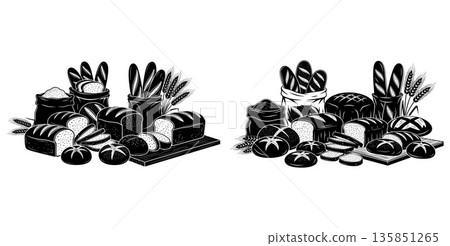 Bakery assortment silhouette with wheat, breads, baguettes, and flour sacks for logo or menu 135851265