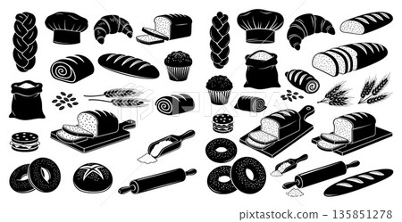 Bakery silhouettes of wheat, croissants, loafs, bagels, baker hat and more in simple style 135851278