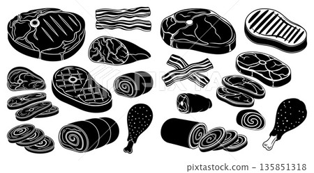 Black and white illustration showcasing various raw meat cuts, including bacon and steak 135851318