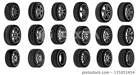 Collection of Black and White Automobile Tires with Different Rim Designs 135851654