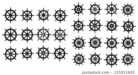 Collection of black ship steering wheels in various designs and sizes 135851683