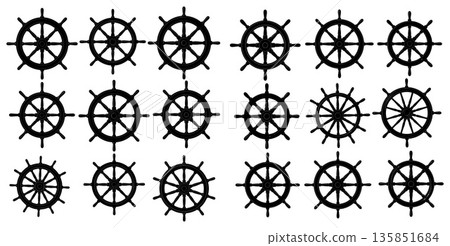 Collection of black ship steering wheels with various spokes and handles 135851684
