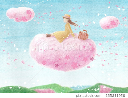 A girl traveling on a cherry blossom (side view) 135851958