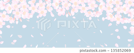 櫻花盛開，春日天空煙霧繚繞，橫幅背景插圖。 135852069