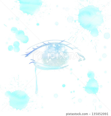 Watercolor illustration of crying eyes and blue splashes. Expressing sadness and purification. 135852091