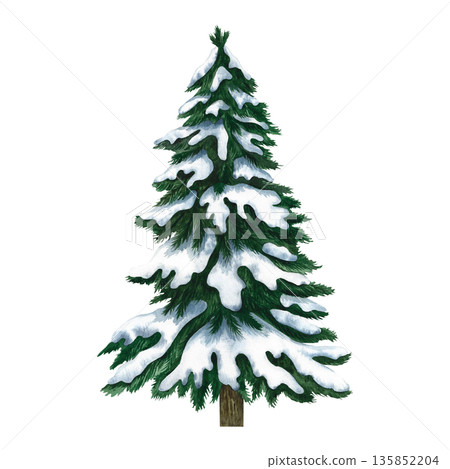 Snow-covered Christmas tree. Hand-drawn watercolor illustration of a snowy winter tree. Isolate. Design element for festive Christmas greeting cards, posters, banners, packaging, and more. Snow-covered Christmas tree. Hand-drawn watercolor illustration of a snowy winter tree. Isolate. Design element for festive Christmas greeting cards, posters, banners, packaging, and more. 135852204